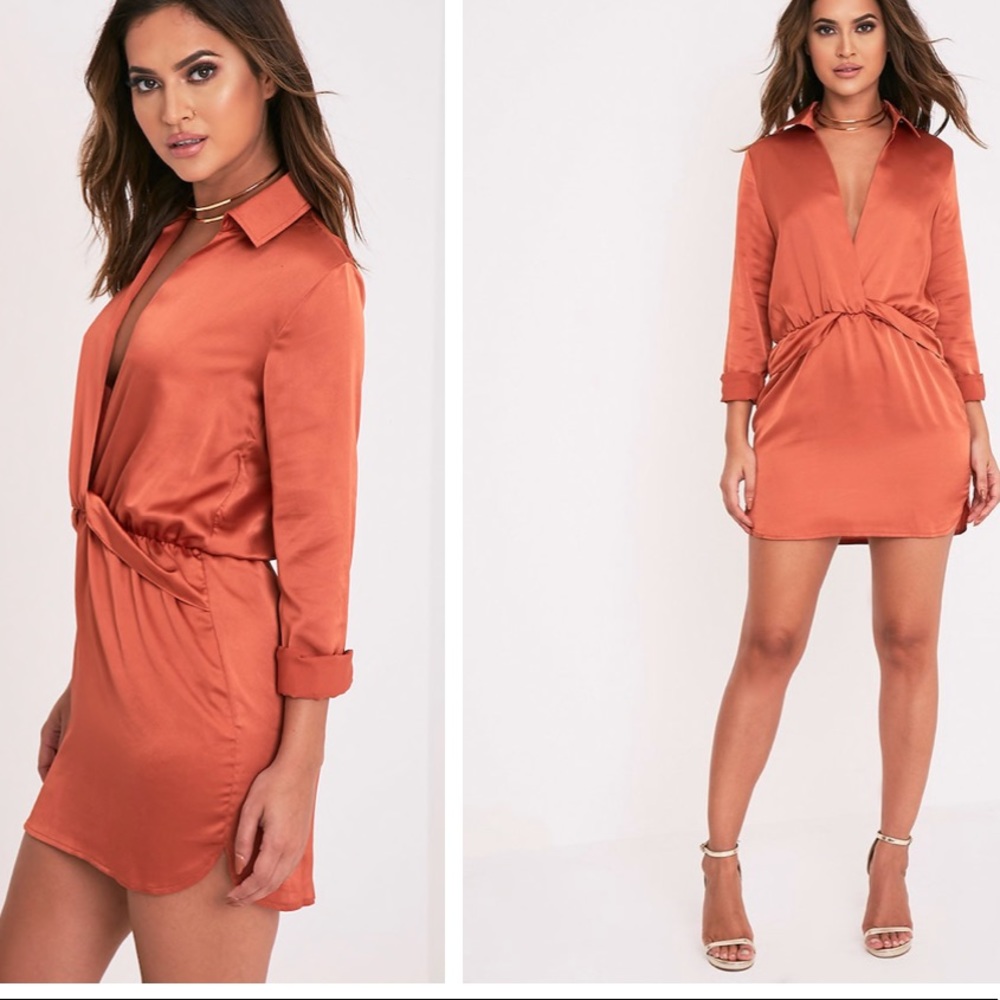 Katalea Tobacco Twist Front Silky Shirt Dress